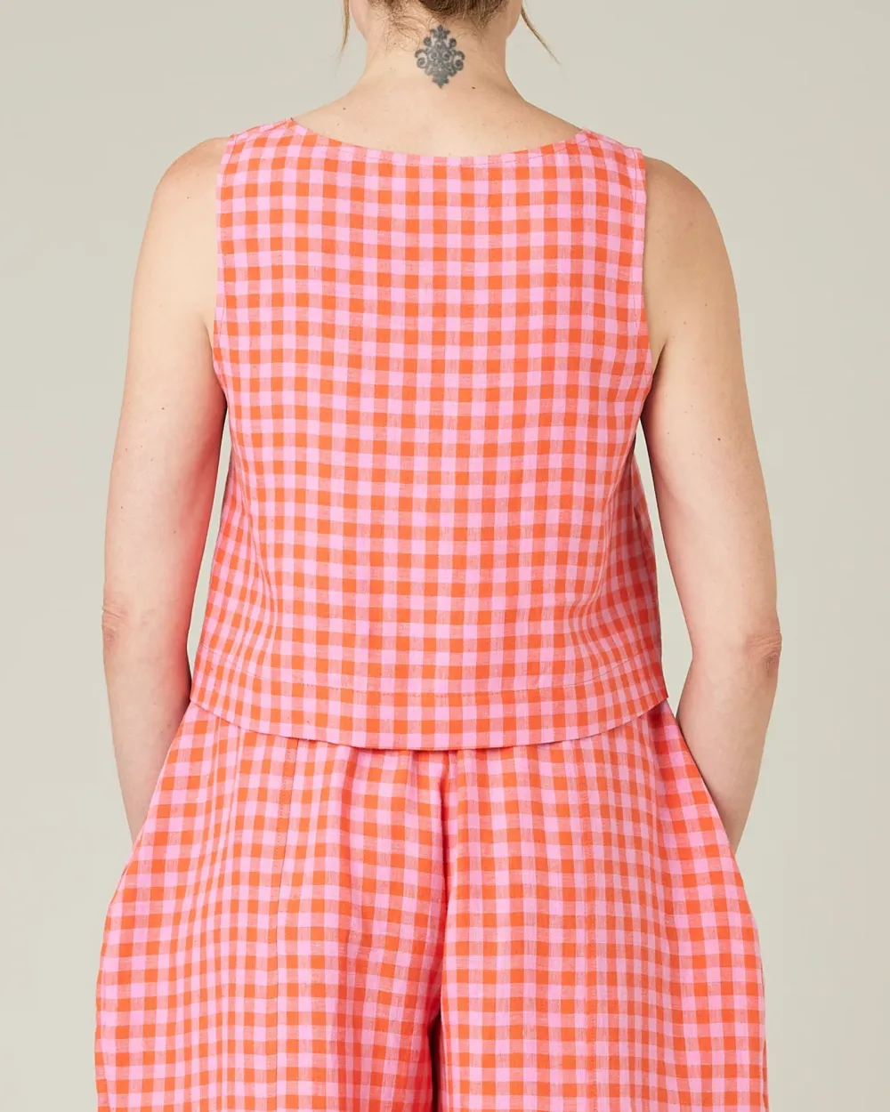 BETTY TOMATO & PINK CHECK LINEN TOP