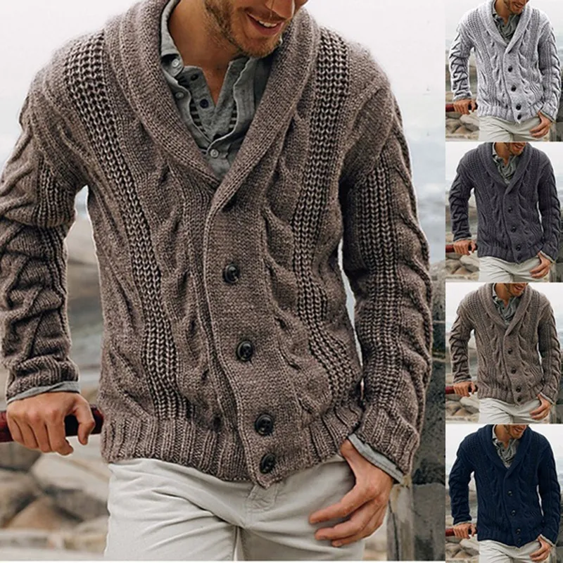 Autumn and winter new men's cardigan spell color long sleeve lapel knit sweater male