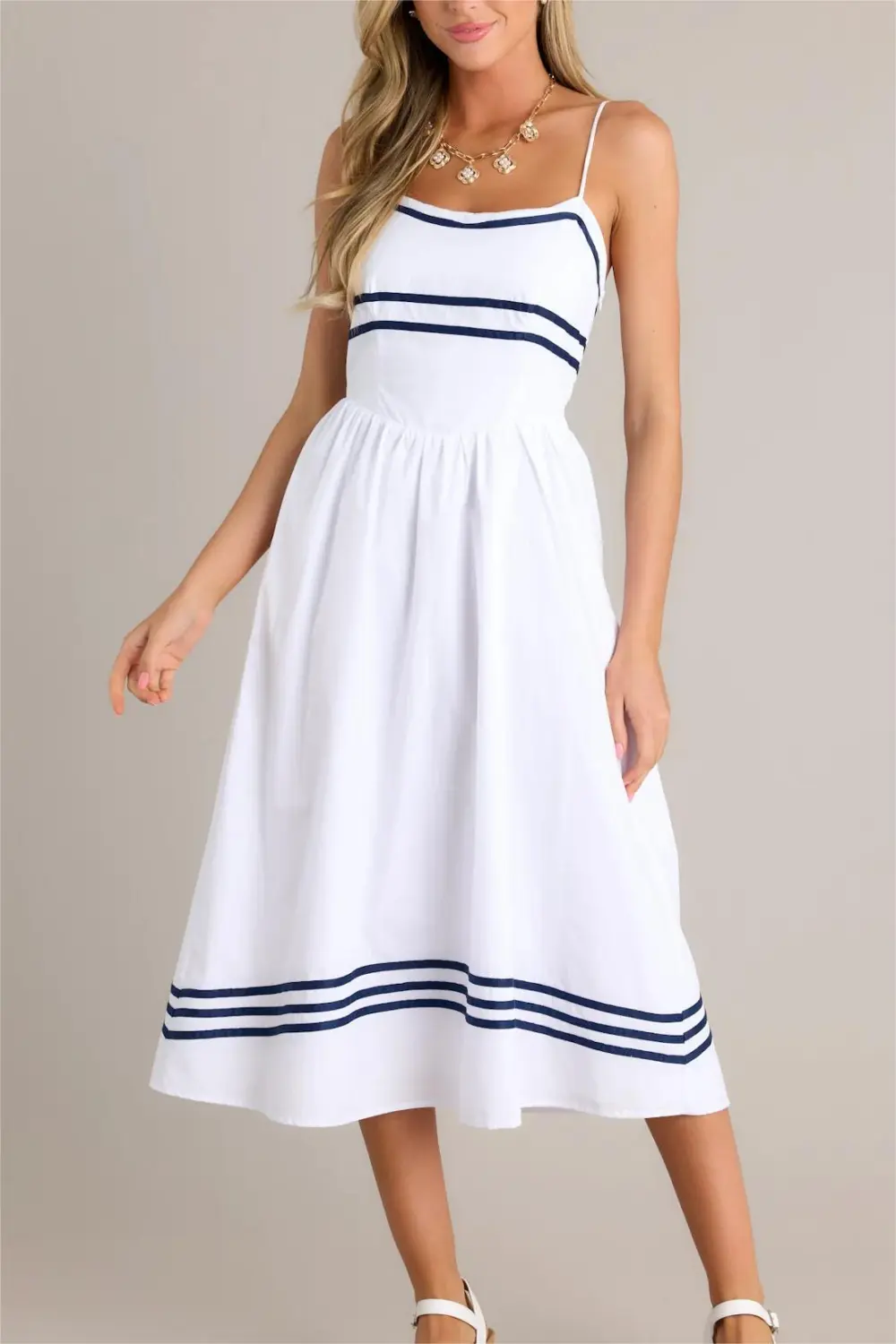 SWEET MELODY 100% COTTON WHITE DROP WAIST MIDI DRESS