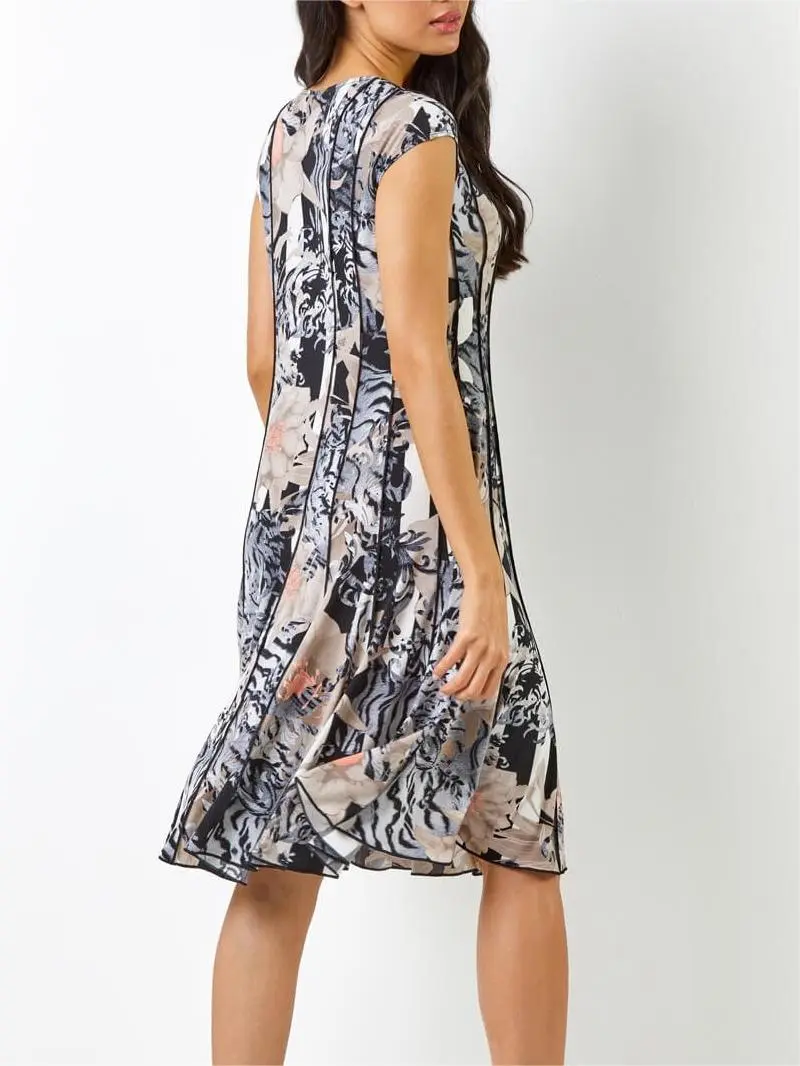 Black Abstract Floral Print Panel Dress