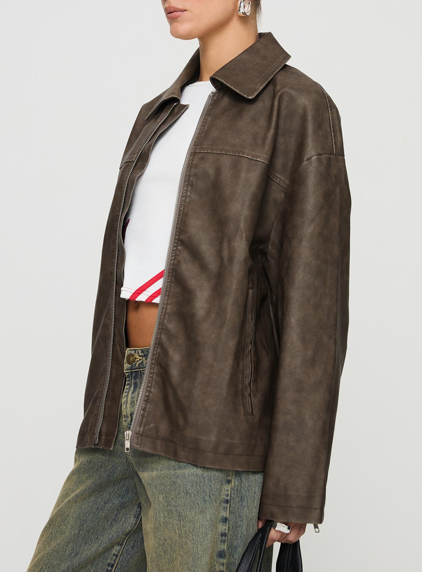 Faux Leather Collared Dad Jacket Washed Brown