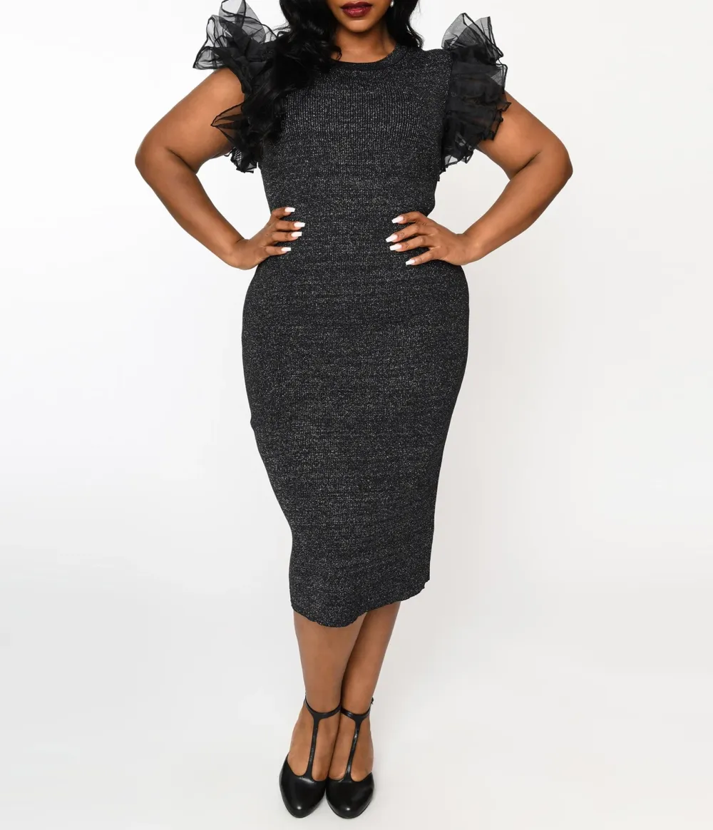 Metallic Black Ruffle Sleeved Knit Midi Wiggle Dress