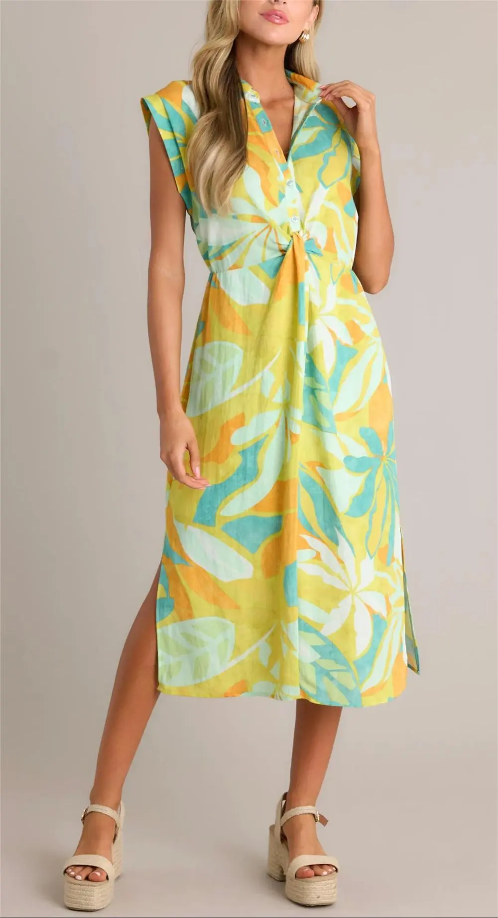 LIVE YOUR BEST LIFE LIME GREEN TROPICAL PRINT MIDI DRESS