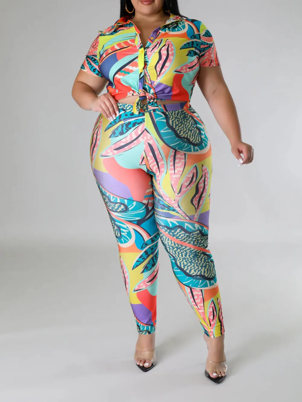 Plus Size Women'S Fashionable Tropical Botanical Print Leggings Set