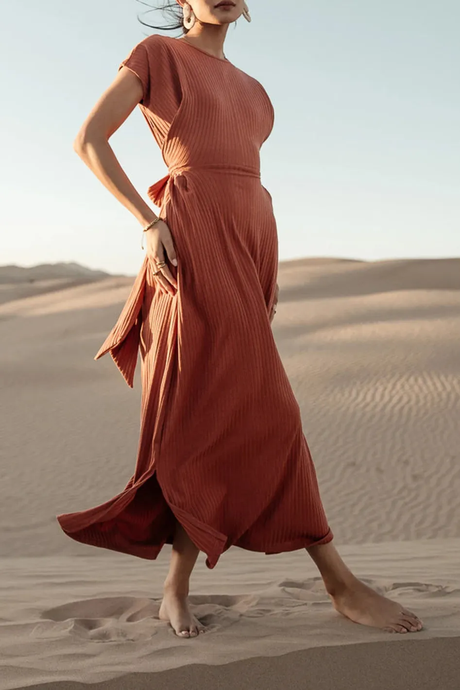 VAEDA RIBBED TIE DRESS IN RUST