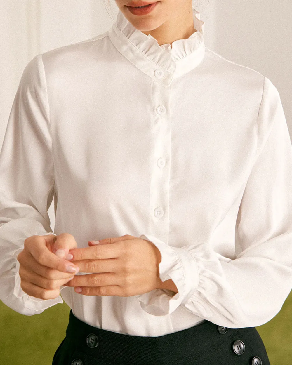 The White Mock Neck Ruffled Satin Shirt