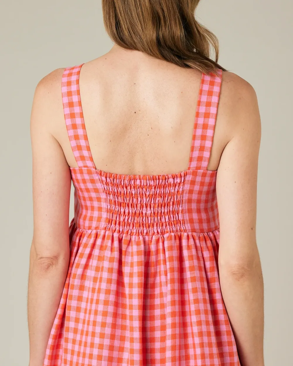 TOMATO & PINK CHECK LINEN DRESS