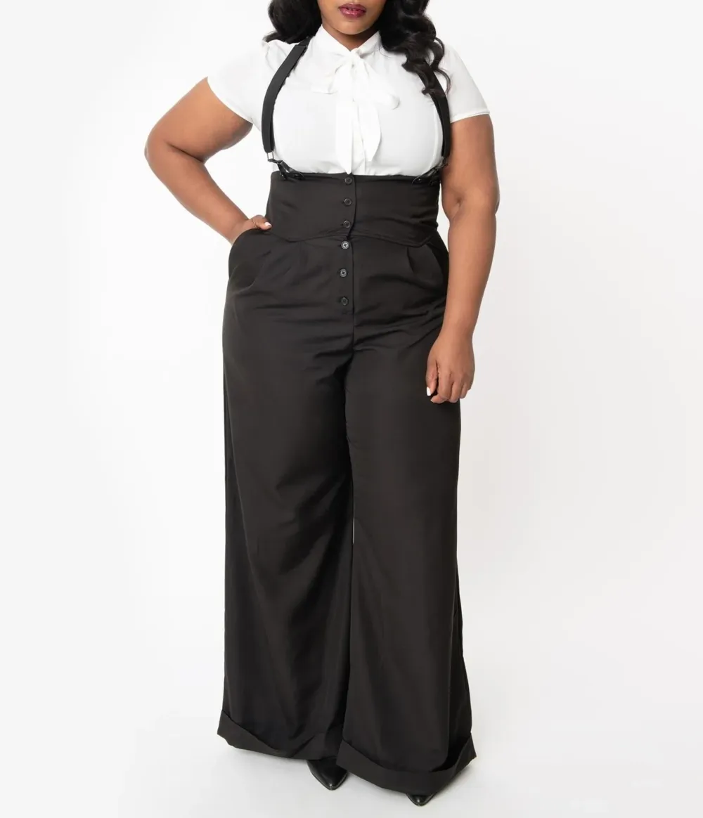 Unique Vintage Plus Size 1930s Black Thelma Suspender Pants