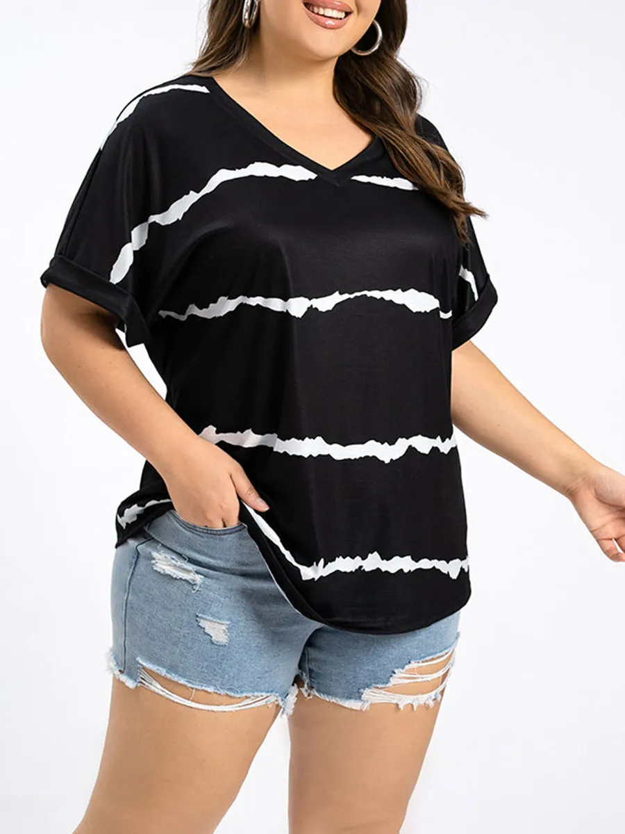 Plus Striped V-Neck Cuffed Sleeve Tee