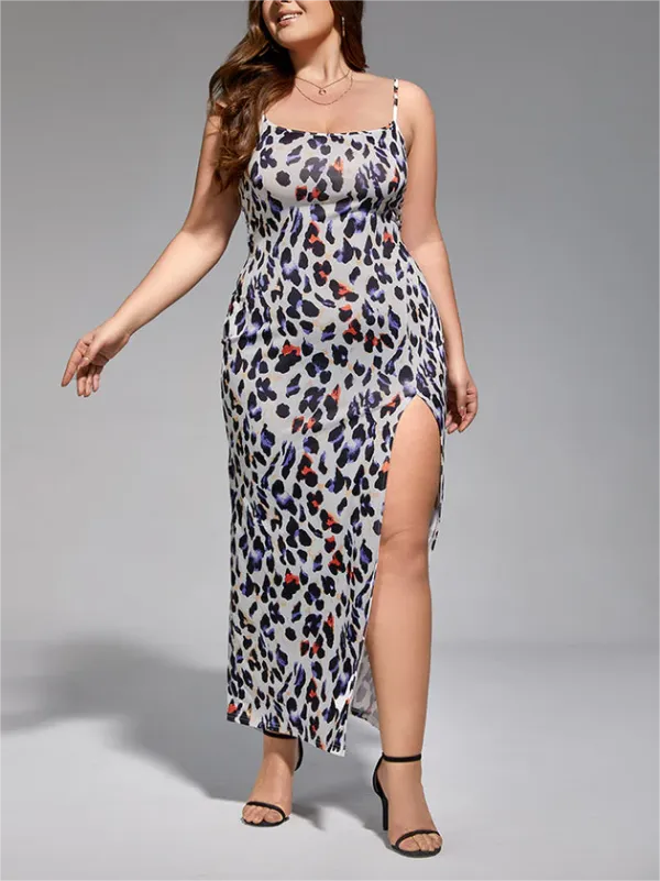 Plus Leopard Print Side Split Maxi Dress