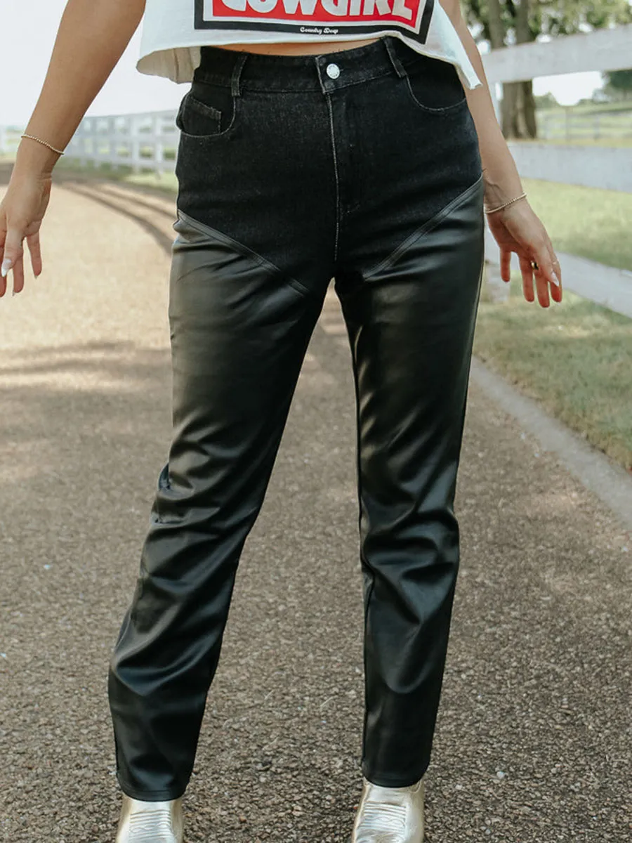 Faux Leather Denim Pants