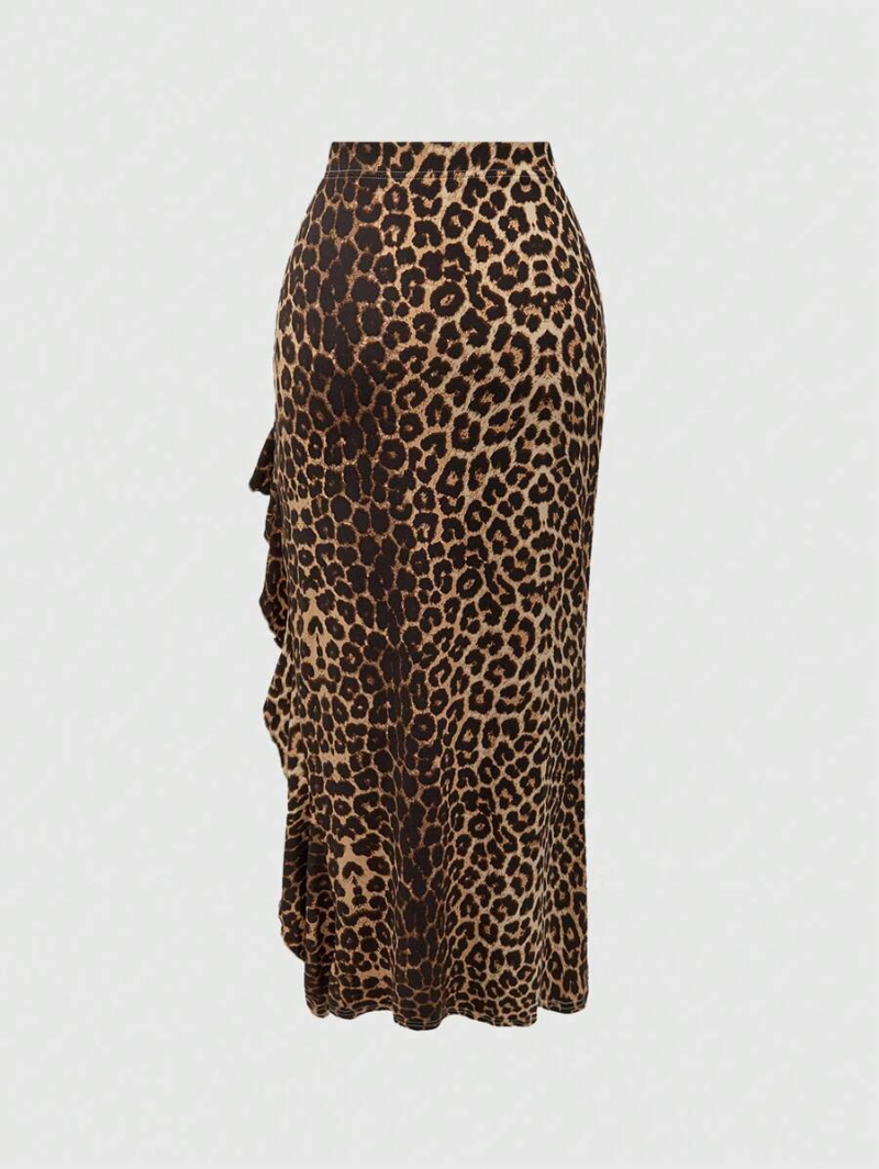 Summer Fashion Leopard Print Asymmetrical Slit Skirt With Ruffle Hem