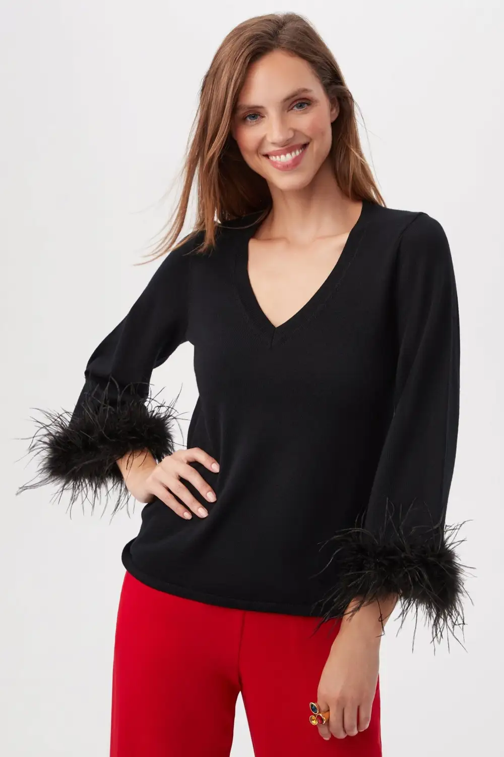 SASSY MERINO WOOL FEATHER TRIMMED SWEATER