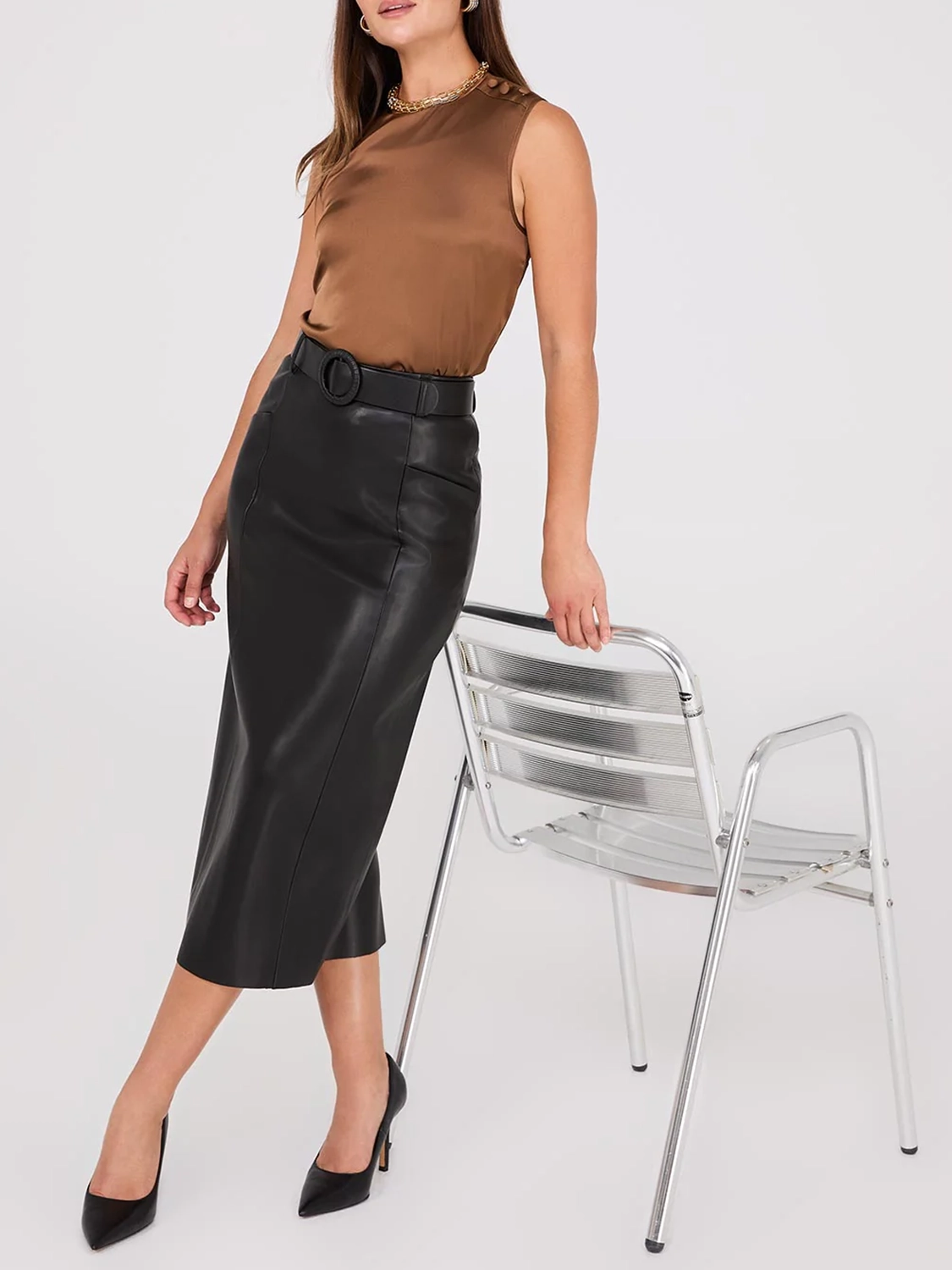 Faux Leather Belted Pencil Skirt