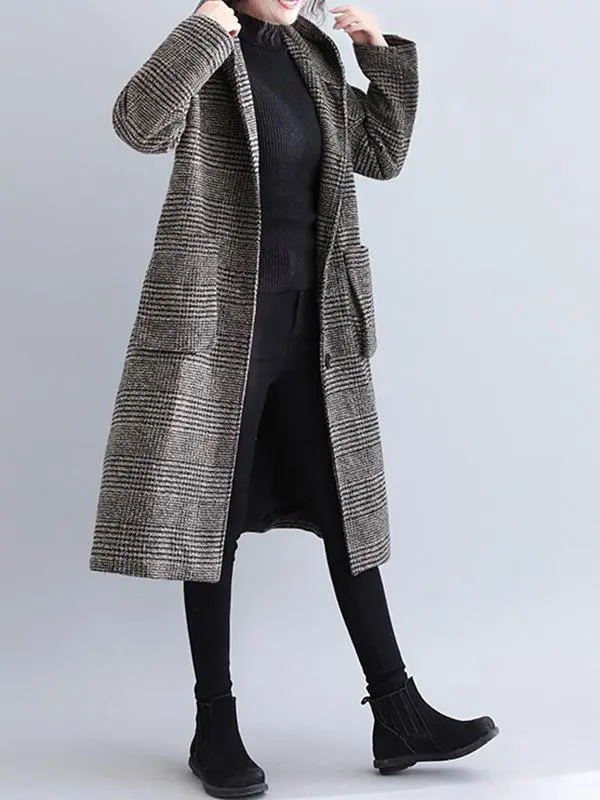 Loose Plaid Woolen Hood Coat