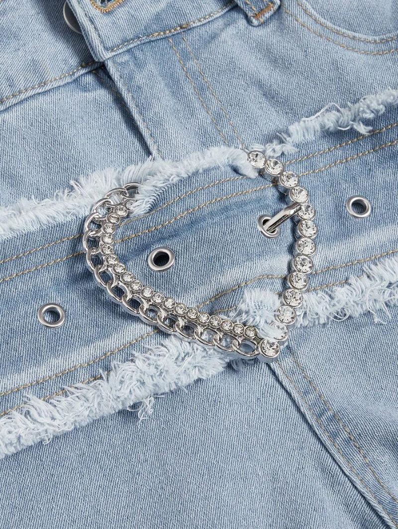 Grunge Punk Women'S Flared Jeans With Rhinestone Heart Ring Decoration, Frayed Hem And Trim