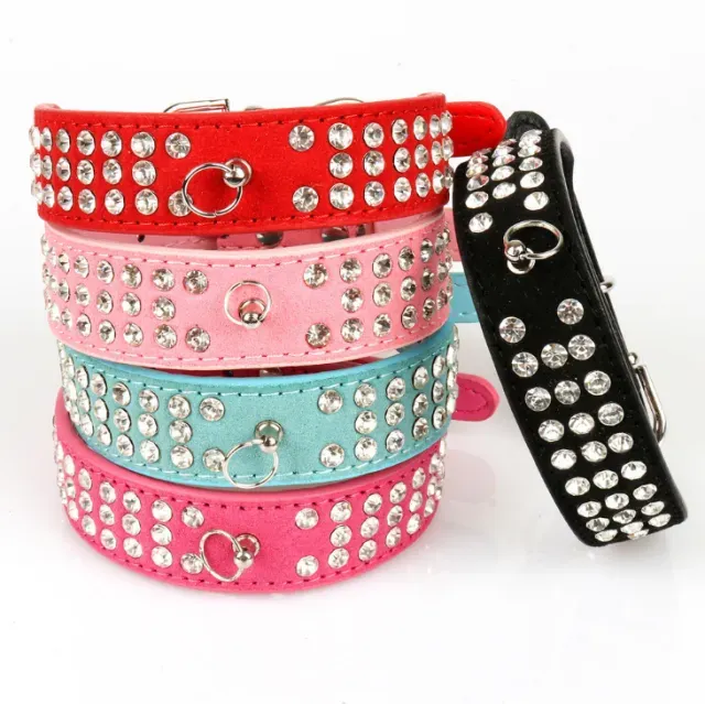 Suede Leather Dog Collars 3 Rows Rhinestone Dog collar diamante Cute Pet Collars 100% Quality 4 Sizes