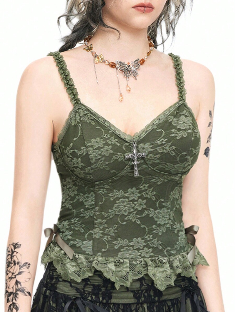 Grunge Punk Contrast Lace Bow Front Cami Top