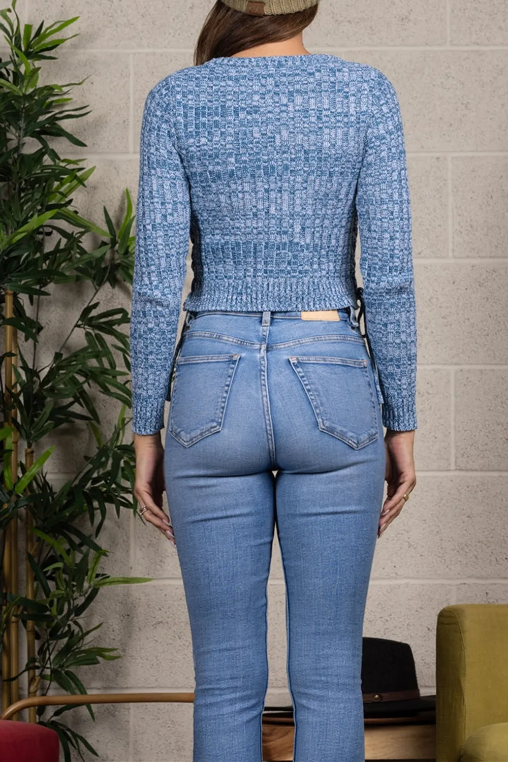 DENIM CABLE KNIT CROP SWEATER