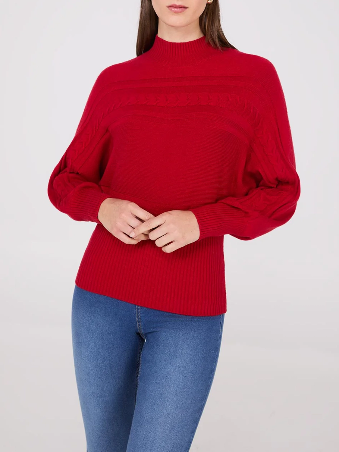 Cable Knit Mock Neck Dolman Sleeve Sweater