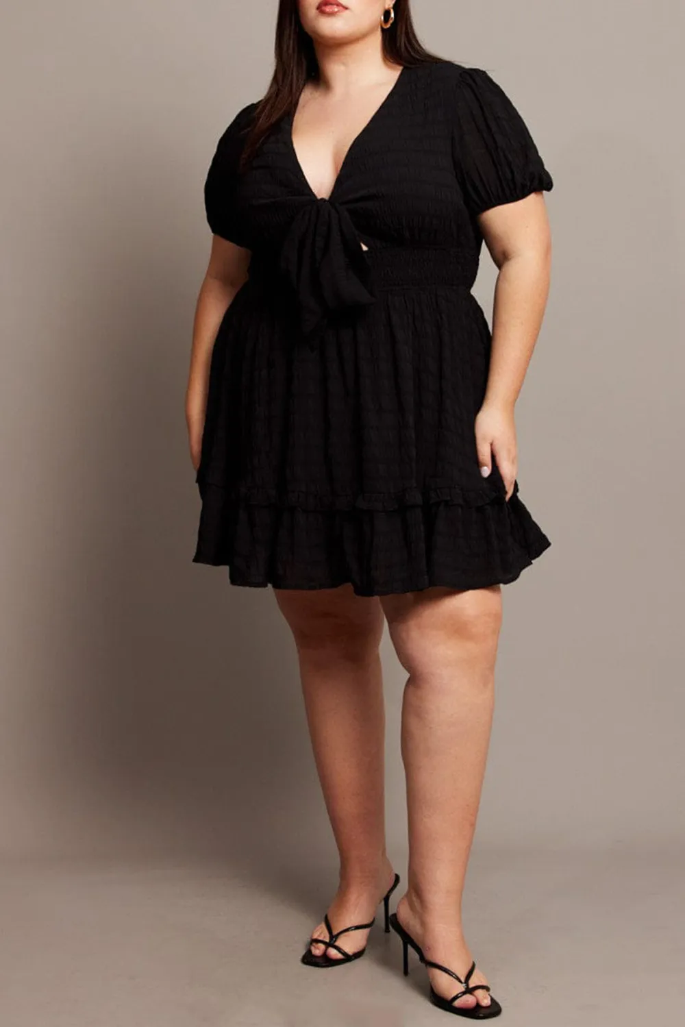 Black Tie Front Textured Frill Hem Minidress