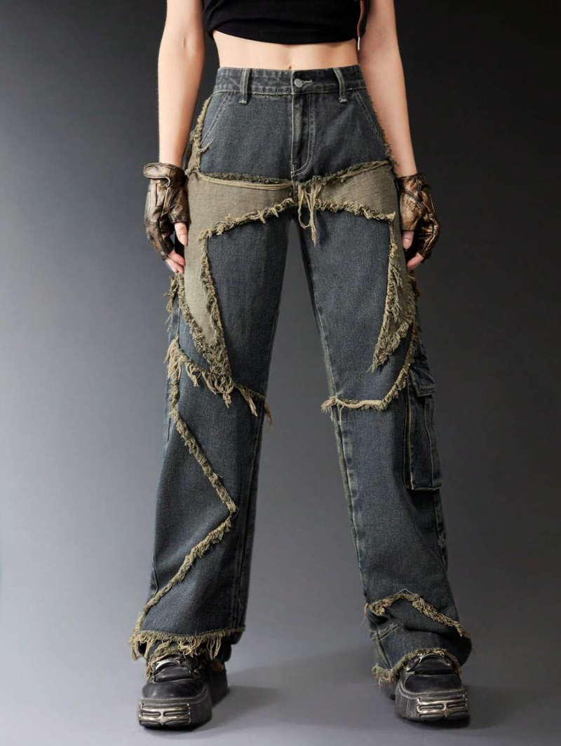 Grunge Punk Star Pattern Raw Trim Flap Pocket Cargo Jeans