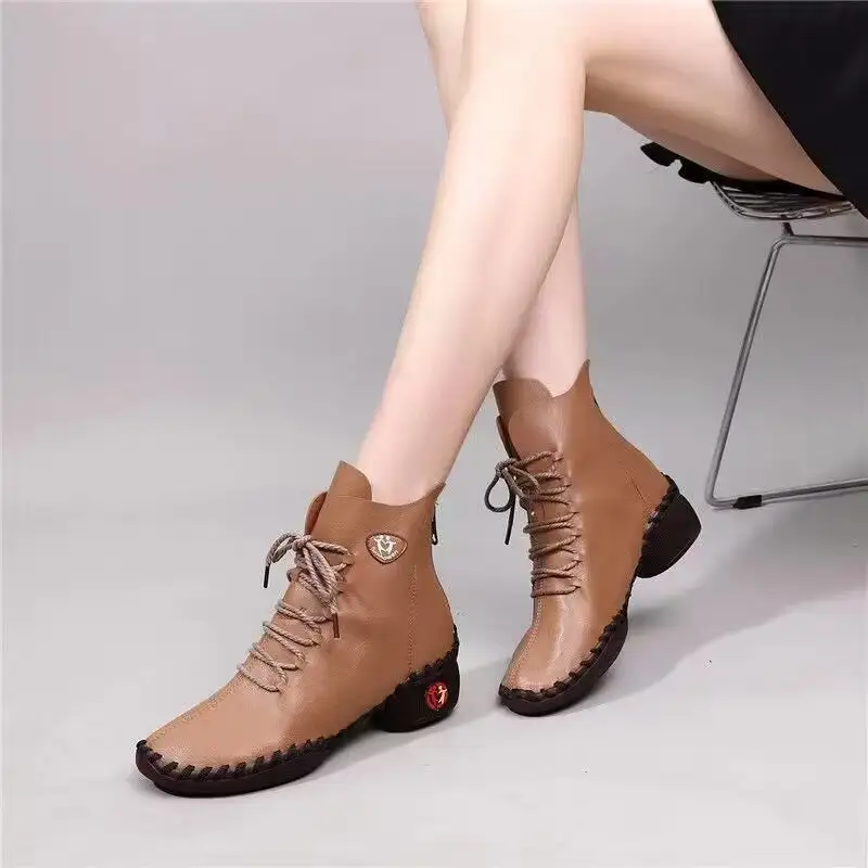 Cilool Lace Up Leather Shoes  Plush Ankle Booties Warm Orthopedic Loafers