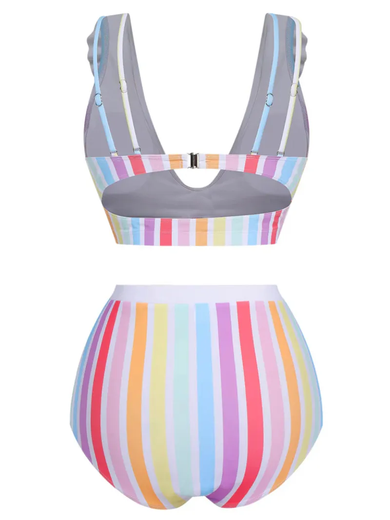 MULTICOLOR 1950S RAINBOW STRIPES SWIMSUIT