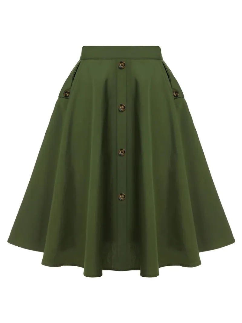 ARMY GREEN 1950S POCKET BUTTONED SKIRT