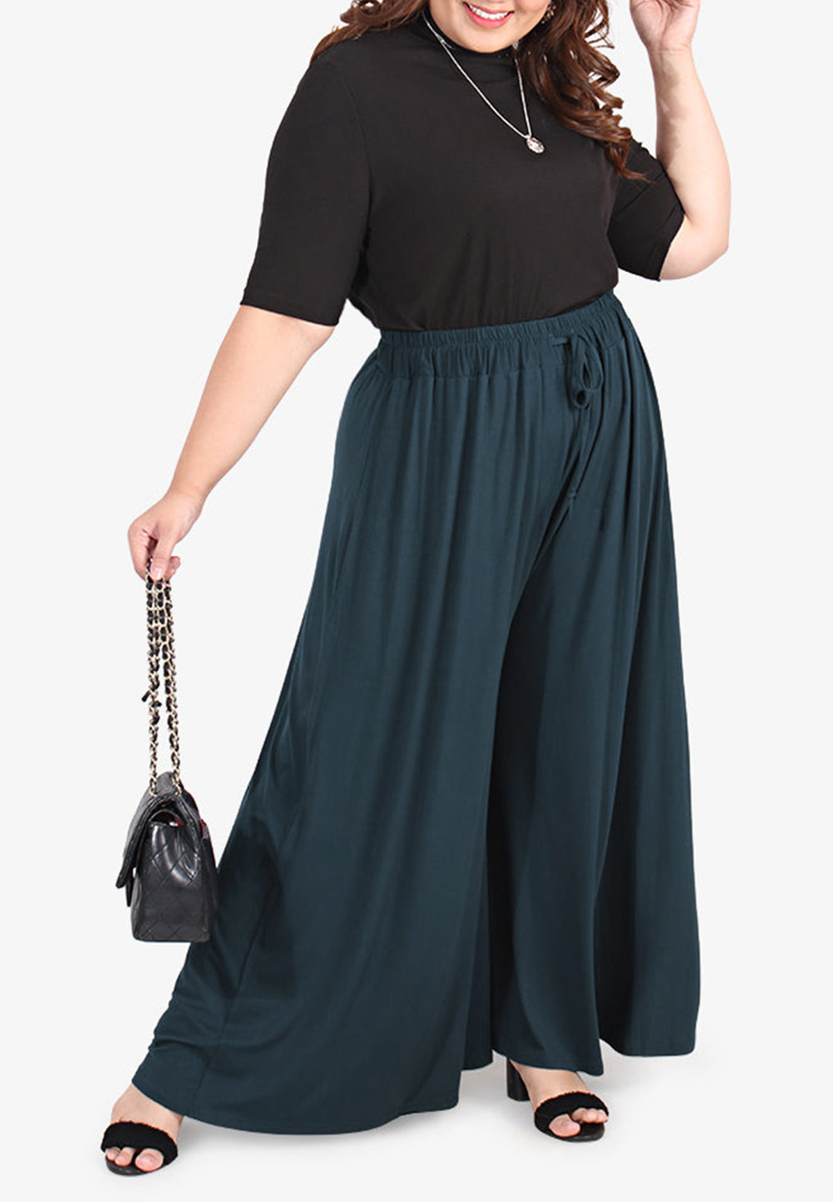 Large size wide-leg pants with elastic waistband