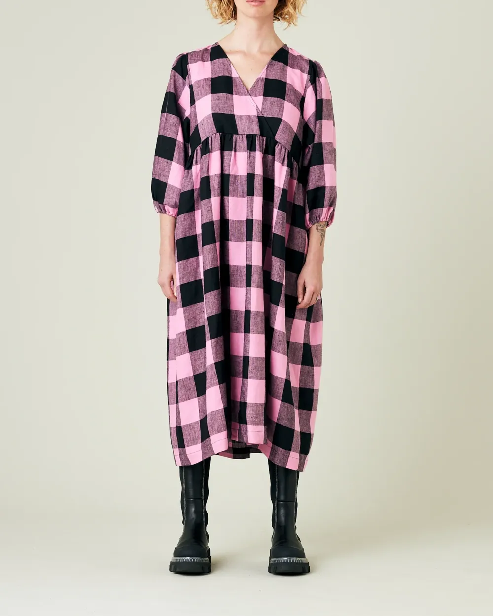 ABBIE PINK & BLACK MEGA CHECK LINEN DRESS