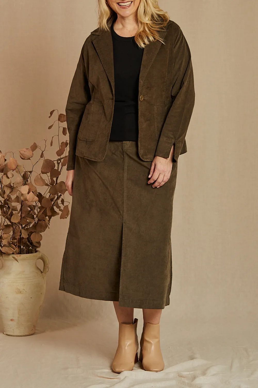 Adrift Split Brushed Cotton Skirt in Olive