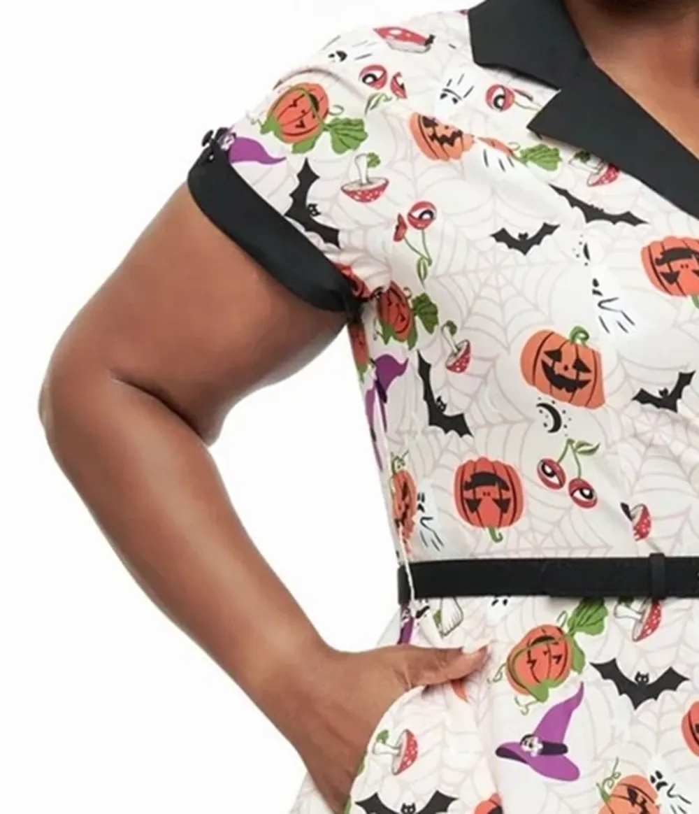 Unique Vintage Plus Size 1950s Pink Halloween Print Alexis Swing Dress