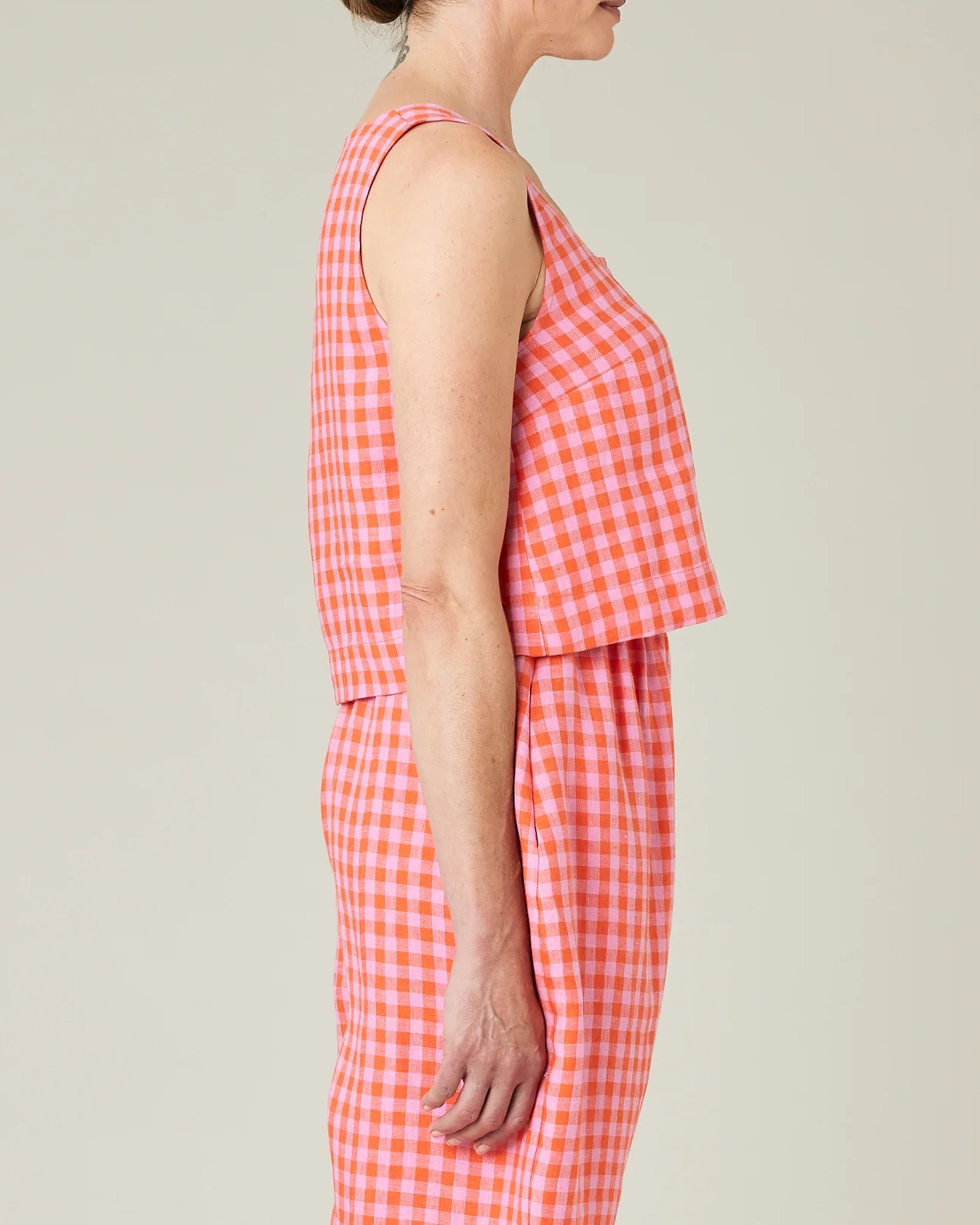 BETTY TOMATO & PINK CHECK LINEN TOP