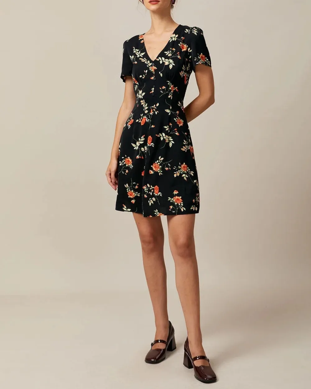 V-neck black floral print dress