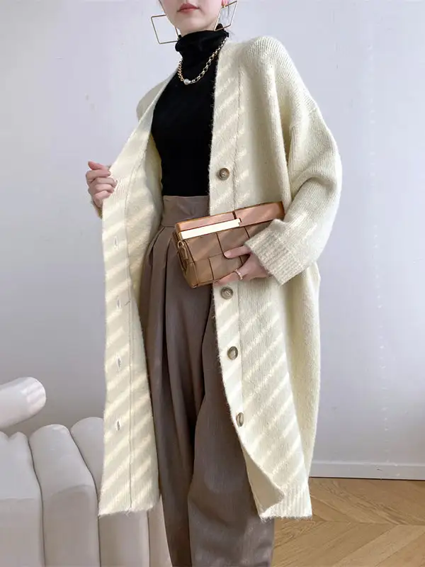 Urban Loose Solid Color Thick Thread Knitting Cardigan Coats