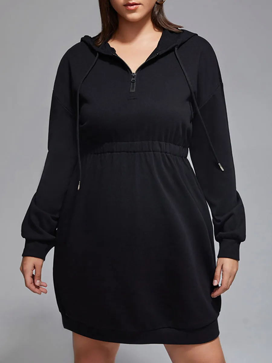 Plus Drawstring Zipper Hoodie Dress