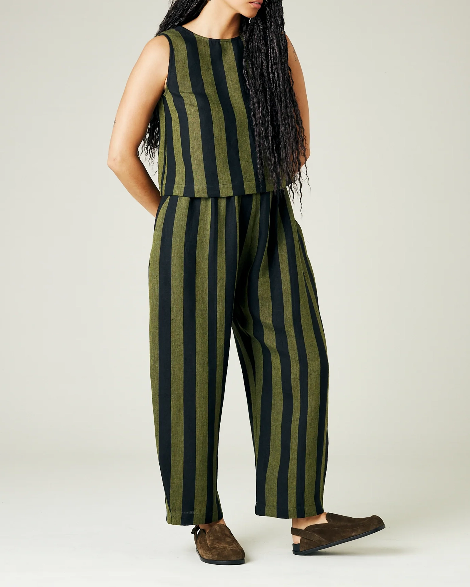 OLIVE AND BLACK STRIPE LINEN TROUSERS