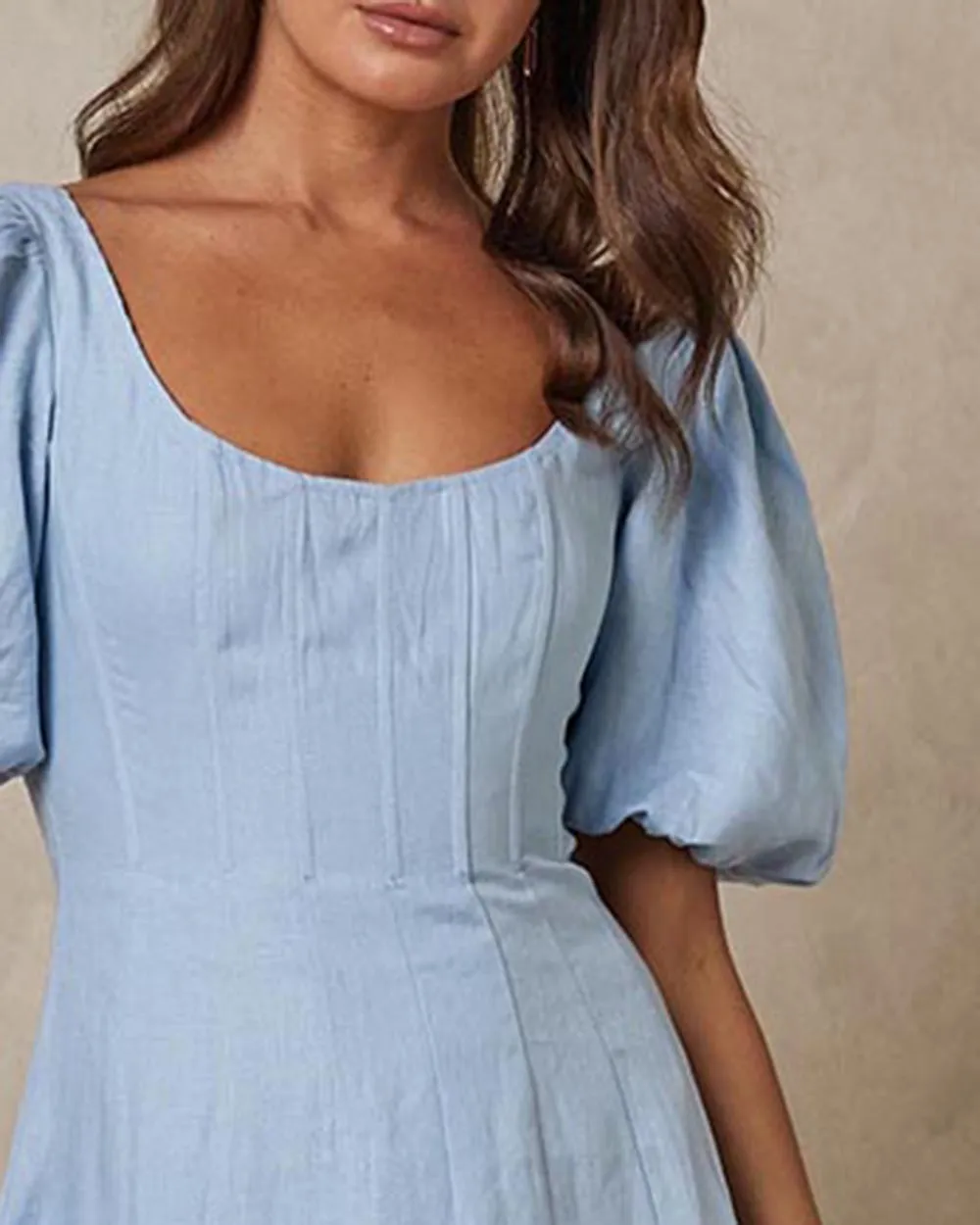 Linen Puff Sleeve Classic Midi Dress