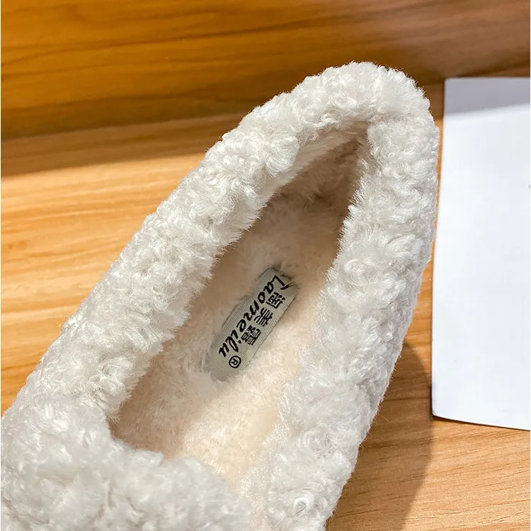 Furry Outer Wearing Flats Loafers Pearl Decor Backless  Wild Fluffy Flat Mules Warm