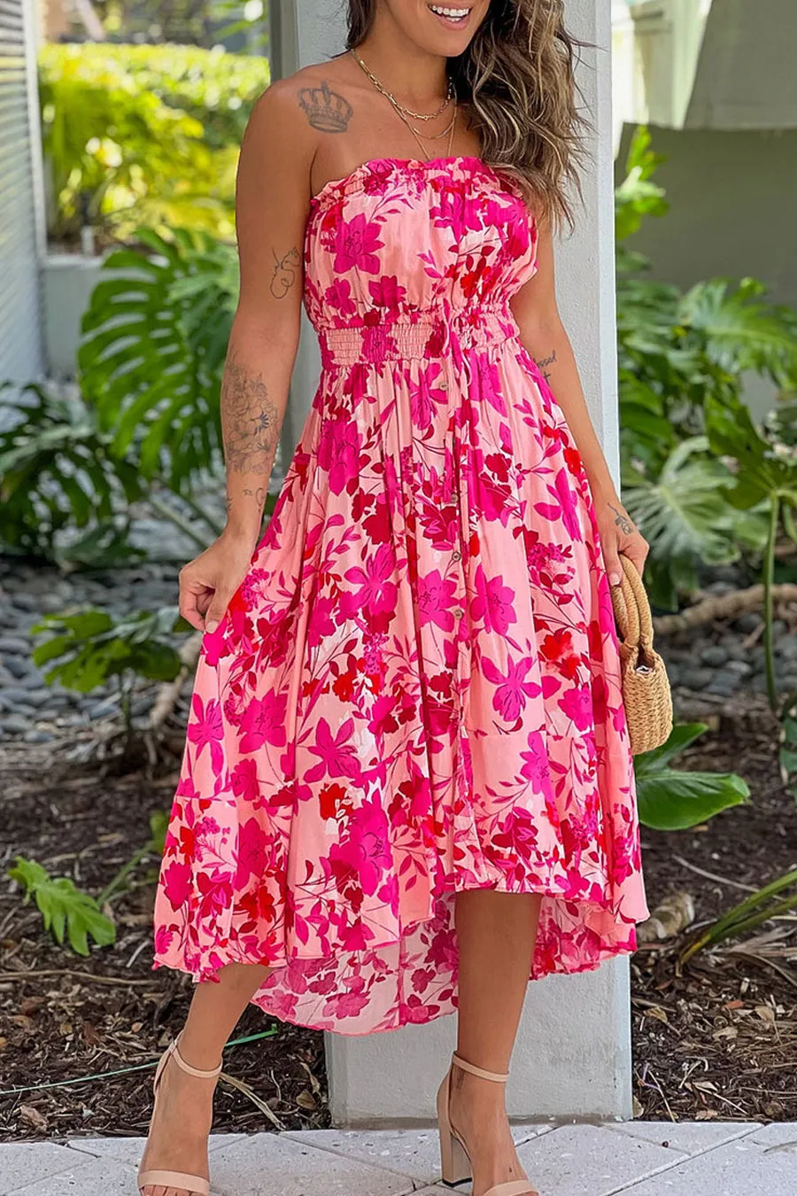 Pink Floral Print High Low Dress