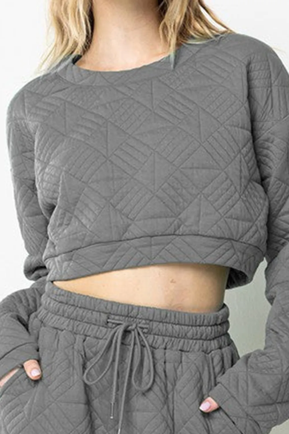 GREY QUILTED CROP TOP AND SHORTS SETS