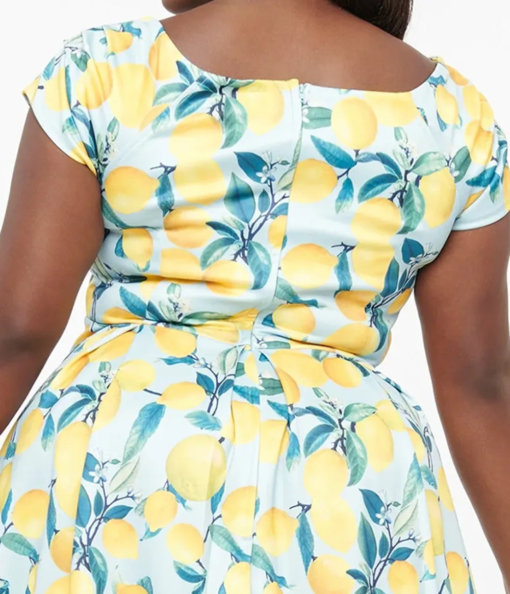 Dolly & Dotty 1950s Blue & Yellow Lemon Off The Shoulder Lily Swing Dress