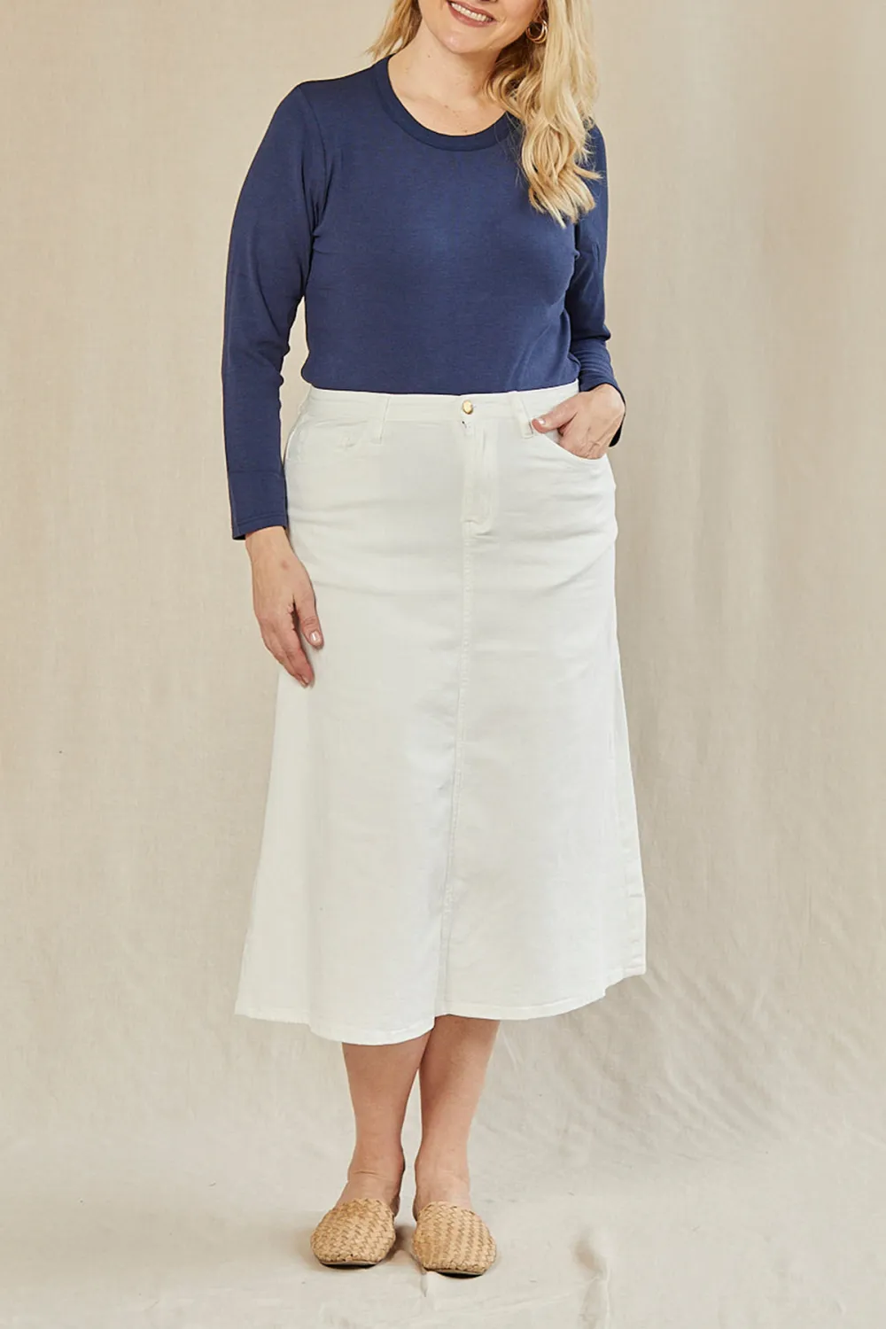 Adrift Denim A-Line Skirt in White