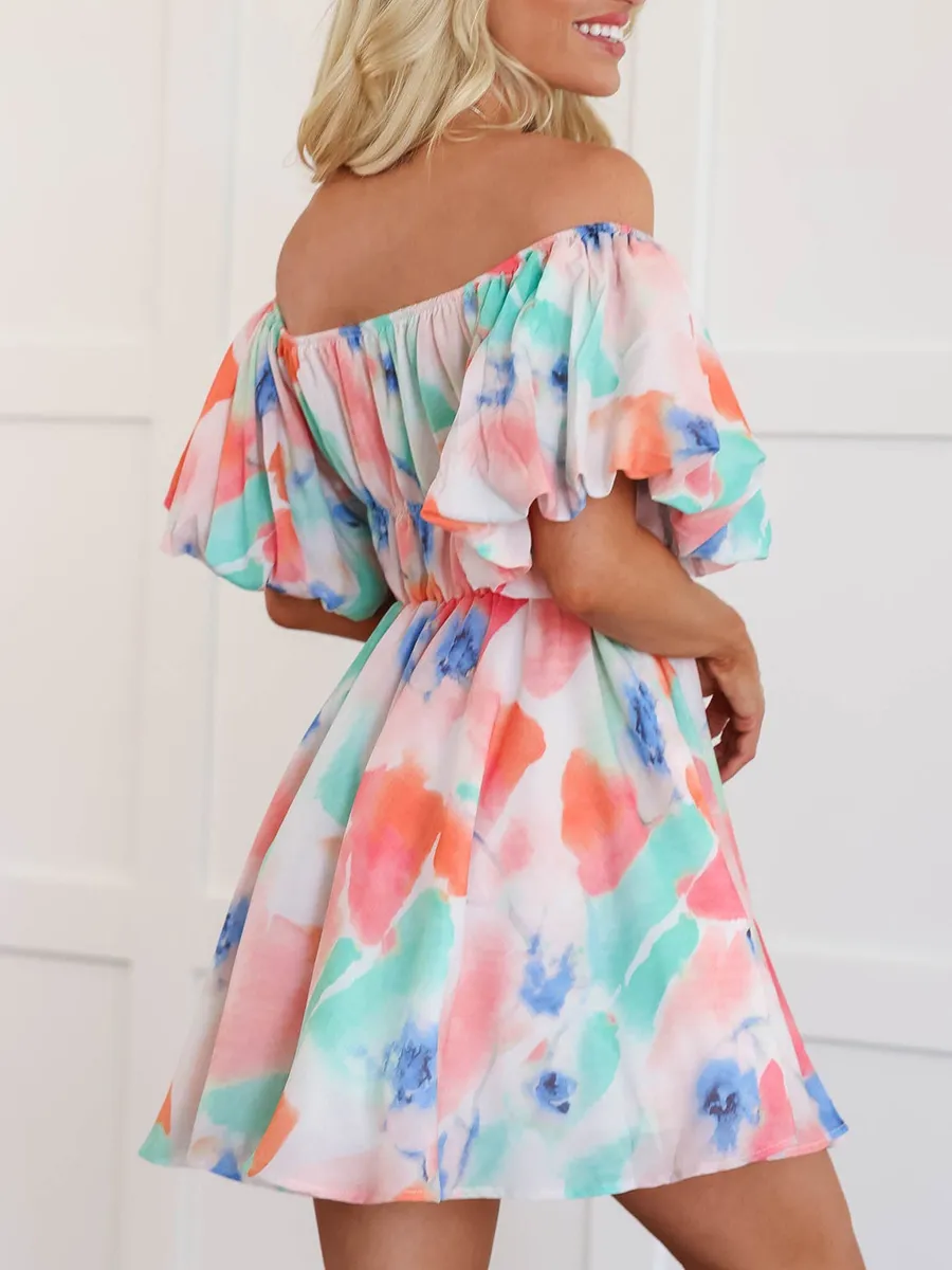 Watercolor pattern bubble sleeve dress