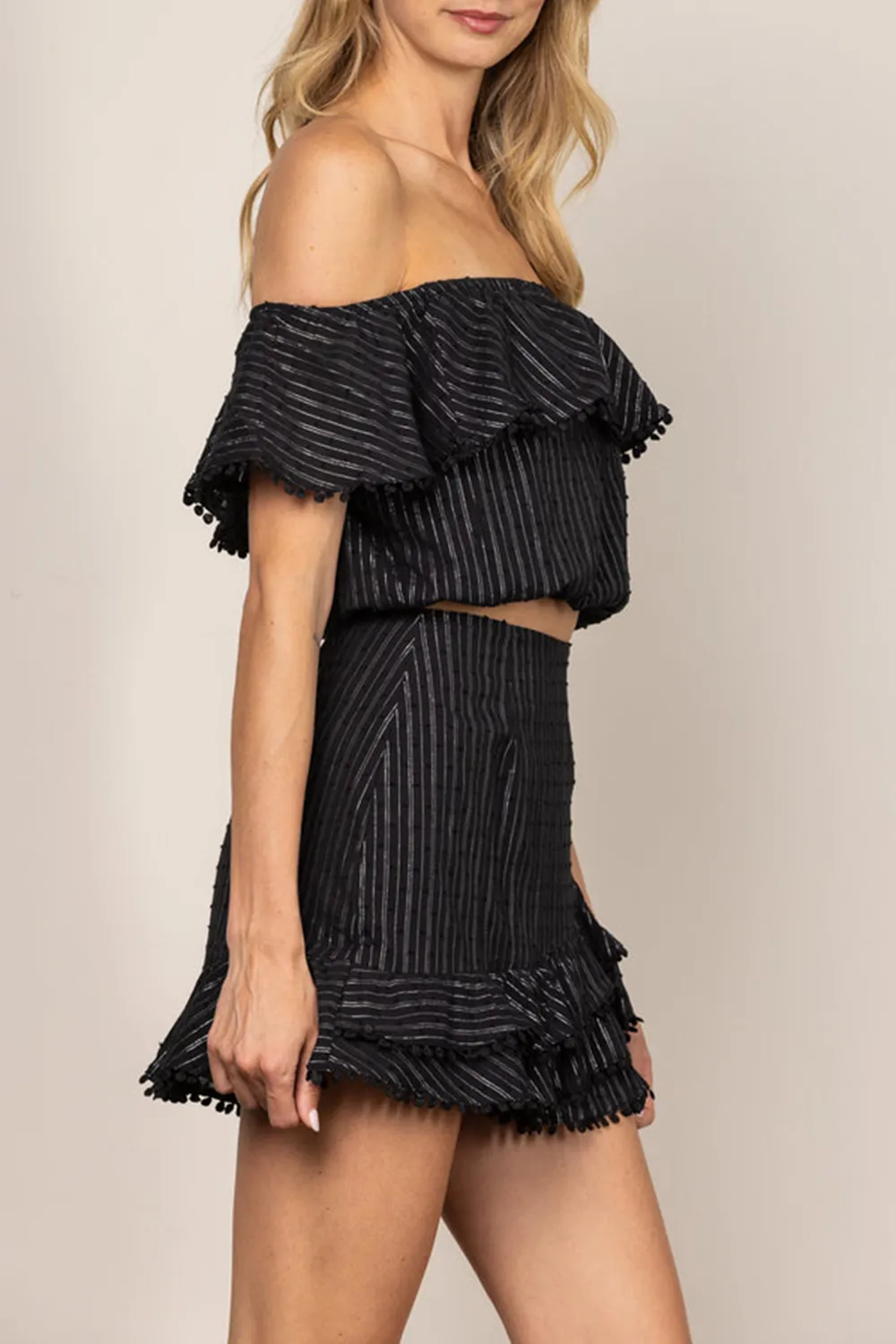 BLACK FRILL DÉCOR OFF SHOULDER TOP AND MINI