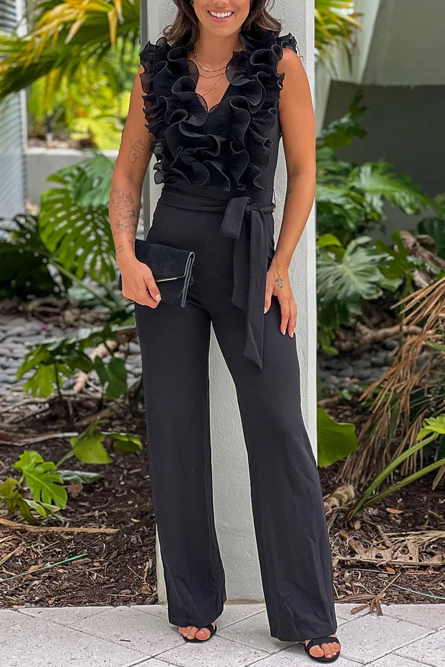 Black Jumpsuit With Ruffle Top