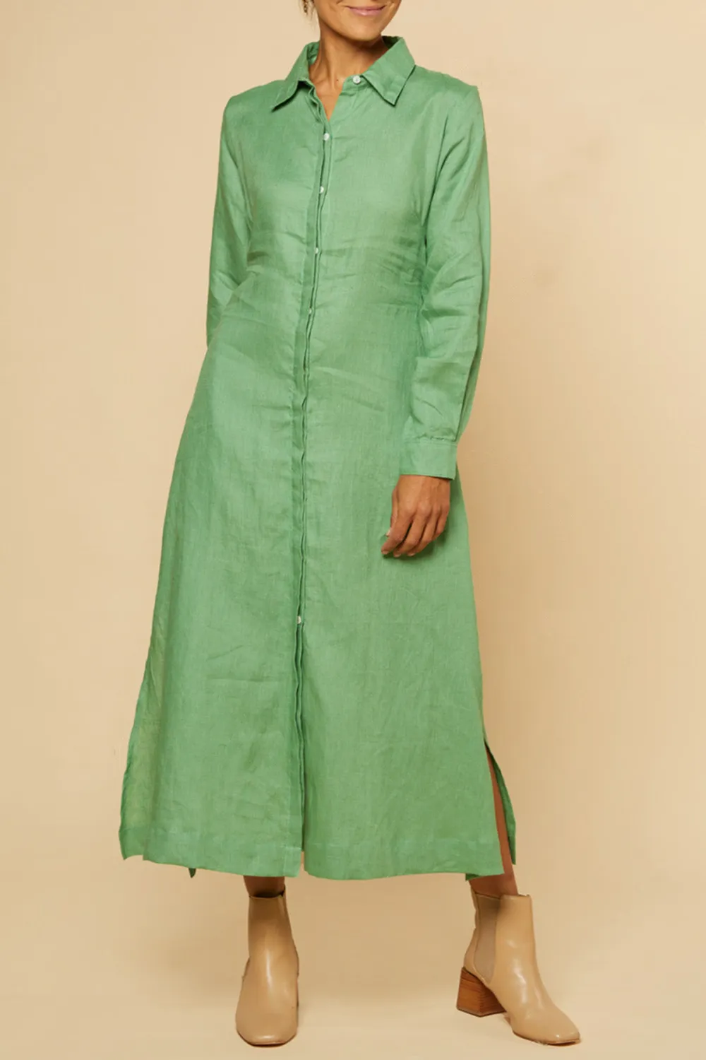 Gracie Long Sleeve Linen Dress in Jadesheen