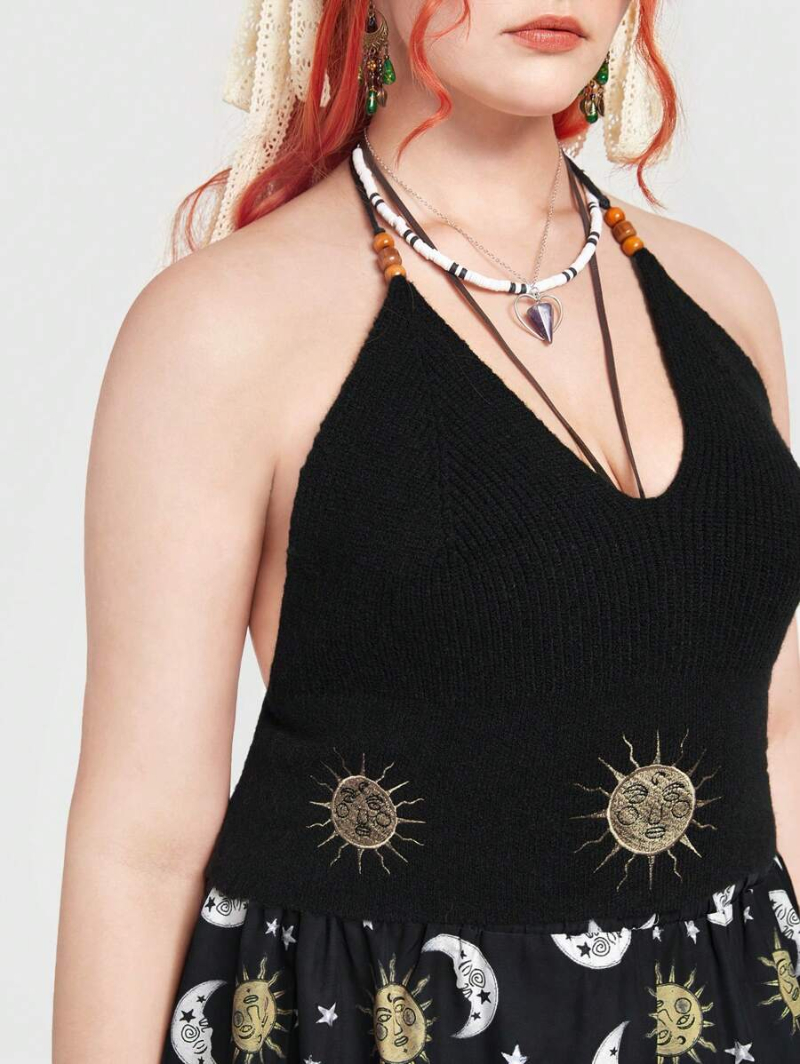 Fairycore Plus Sun Pattern Halter Knit Top