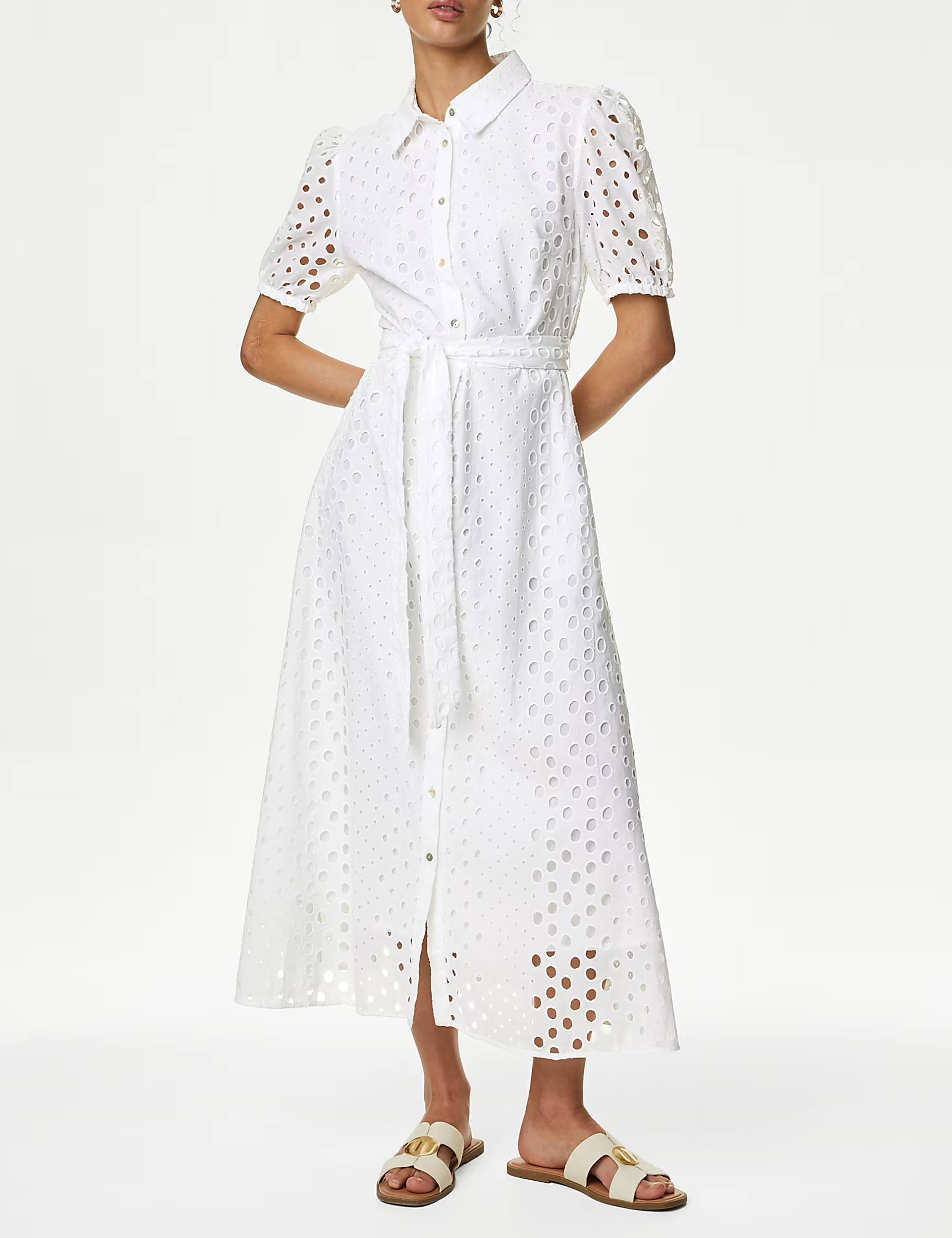 Pure Cotton Broderie Midi Shirt Dress